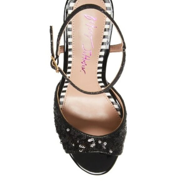 Betsey Johnson ALAIA BLACK PLAID Print Platform Sandal bling sequin NEW - Picture 4 of 8